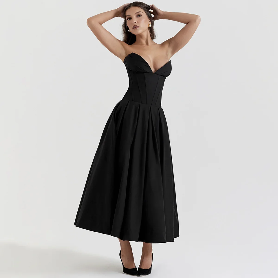 Black Strapless Corset Midi Dress