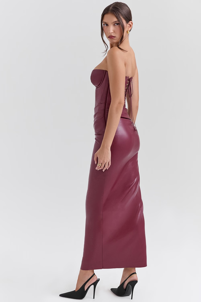 Burgundy PU Bodycon Midi Dress