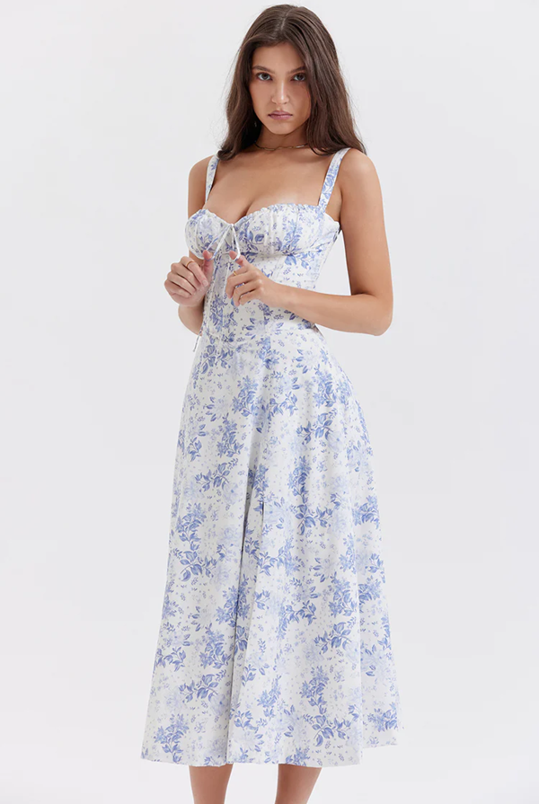 Blue Floral Slit Midi Dress