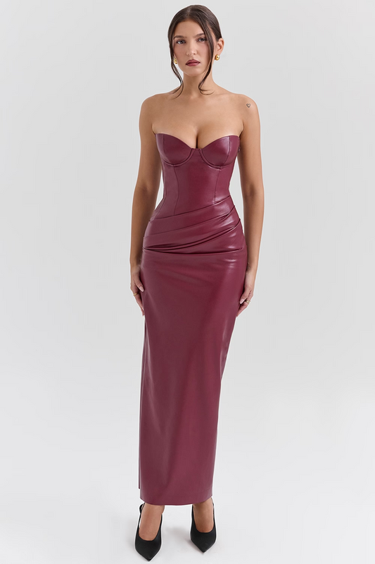 Burgundy PU Bodycon Midi Dress