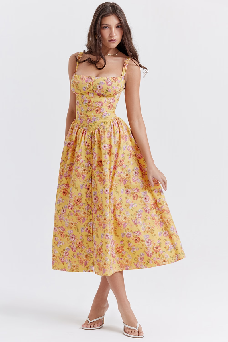 Yellow Floral Midi Dress