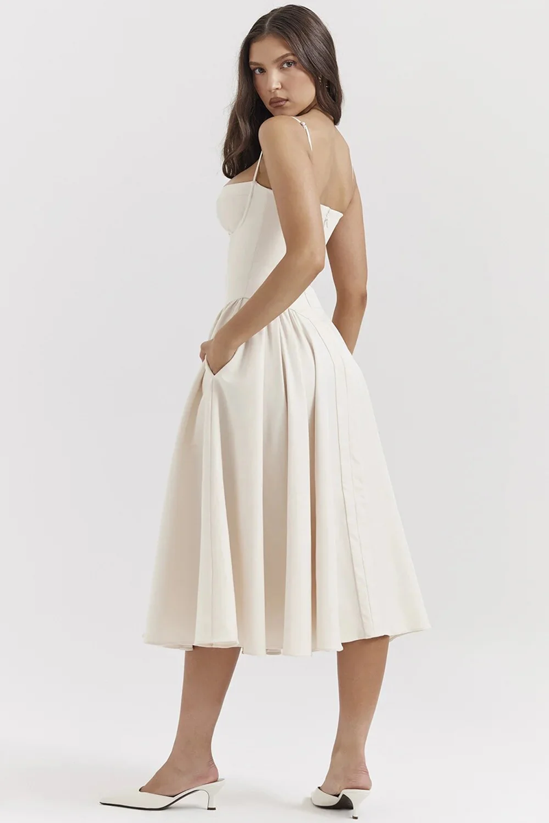 White V-Neck Sleeveless Midi Dress