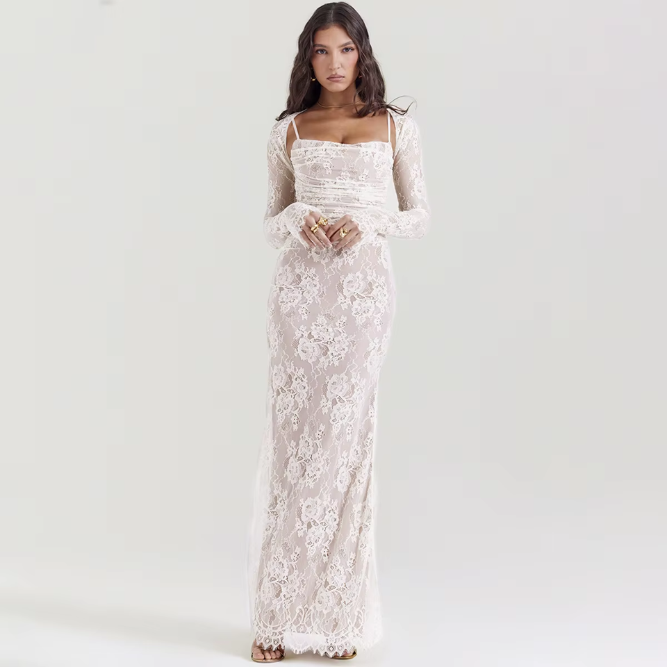 White Floral Lace Maxi Dress