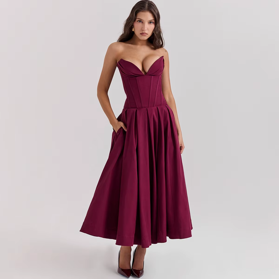 Wine Strapless Corset Midi Dress