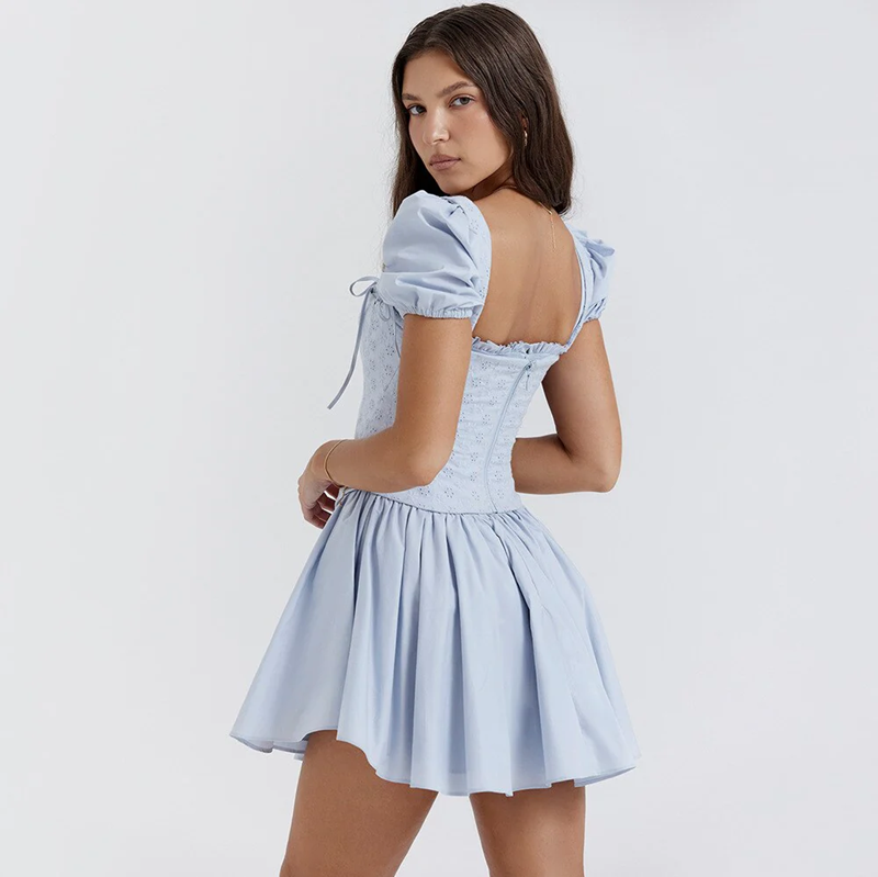 Blue Puff Sleeve Corset Mini Dress