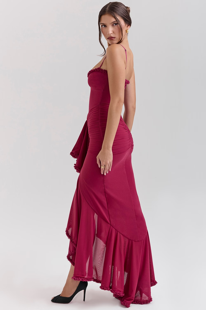 Wine Ruffle Mesh Maxi Dress