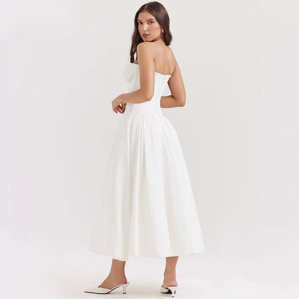 White Strapless Corset Midi Dress