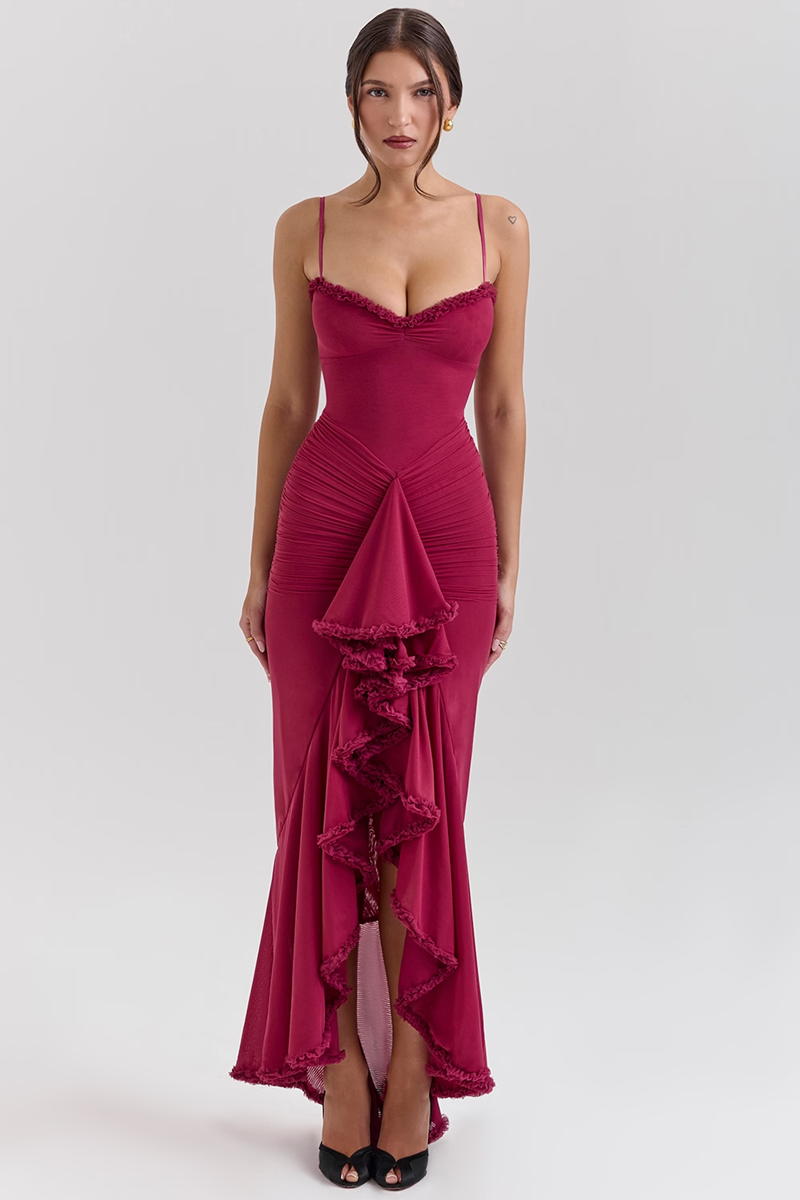 Wine Ruffle Mesh Maxi Dress