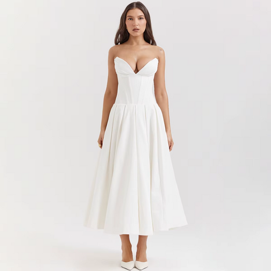 White Strapless Corset Midi Dress