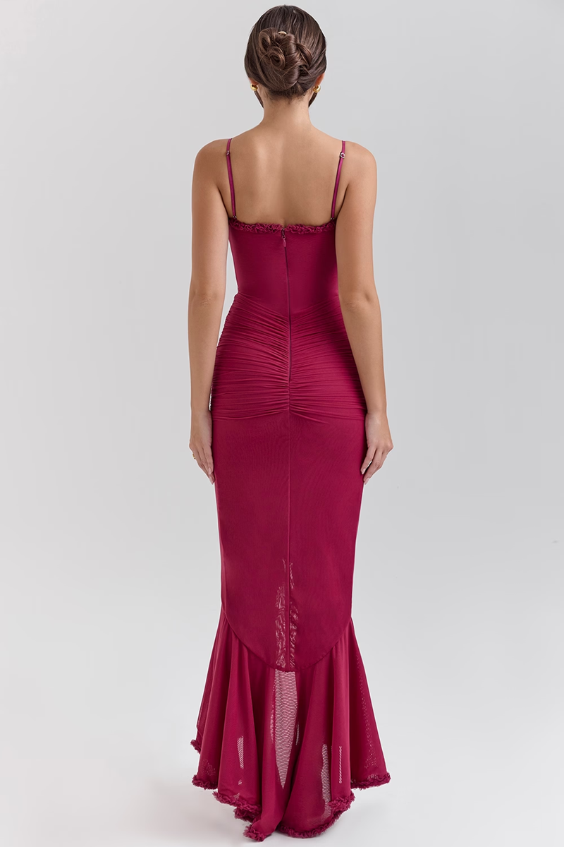 Wine Ruffle Mesh Maxi Dress