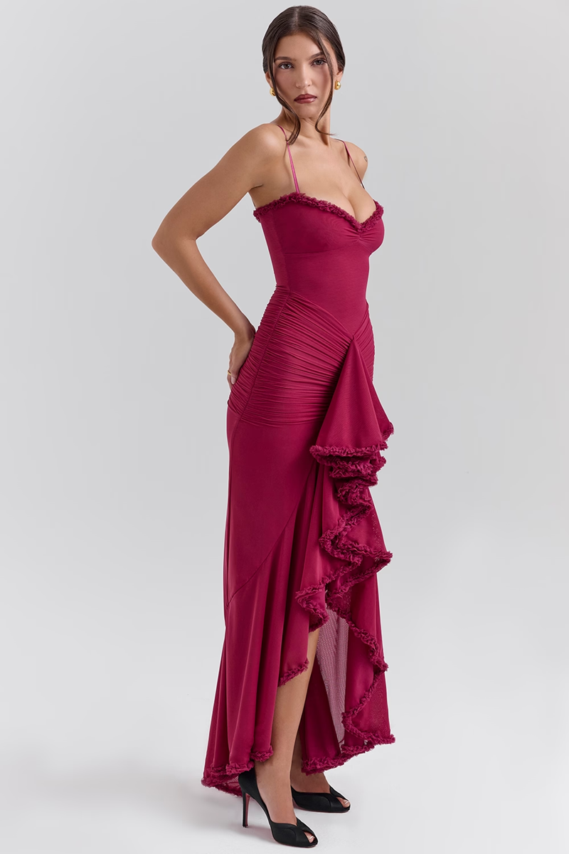 Wine Ruffle Mesh Maxi Dress