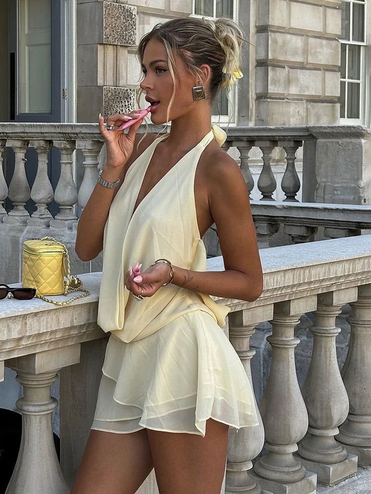 Backless Deep V-Neck Mesh Mini Dress