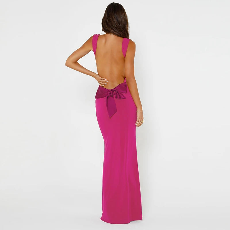 Backless Slim Maxi Dress with Back Bow