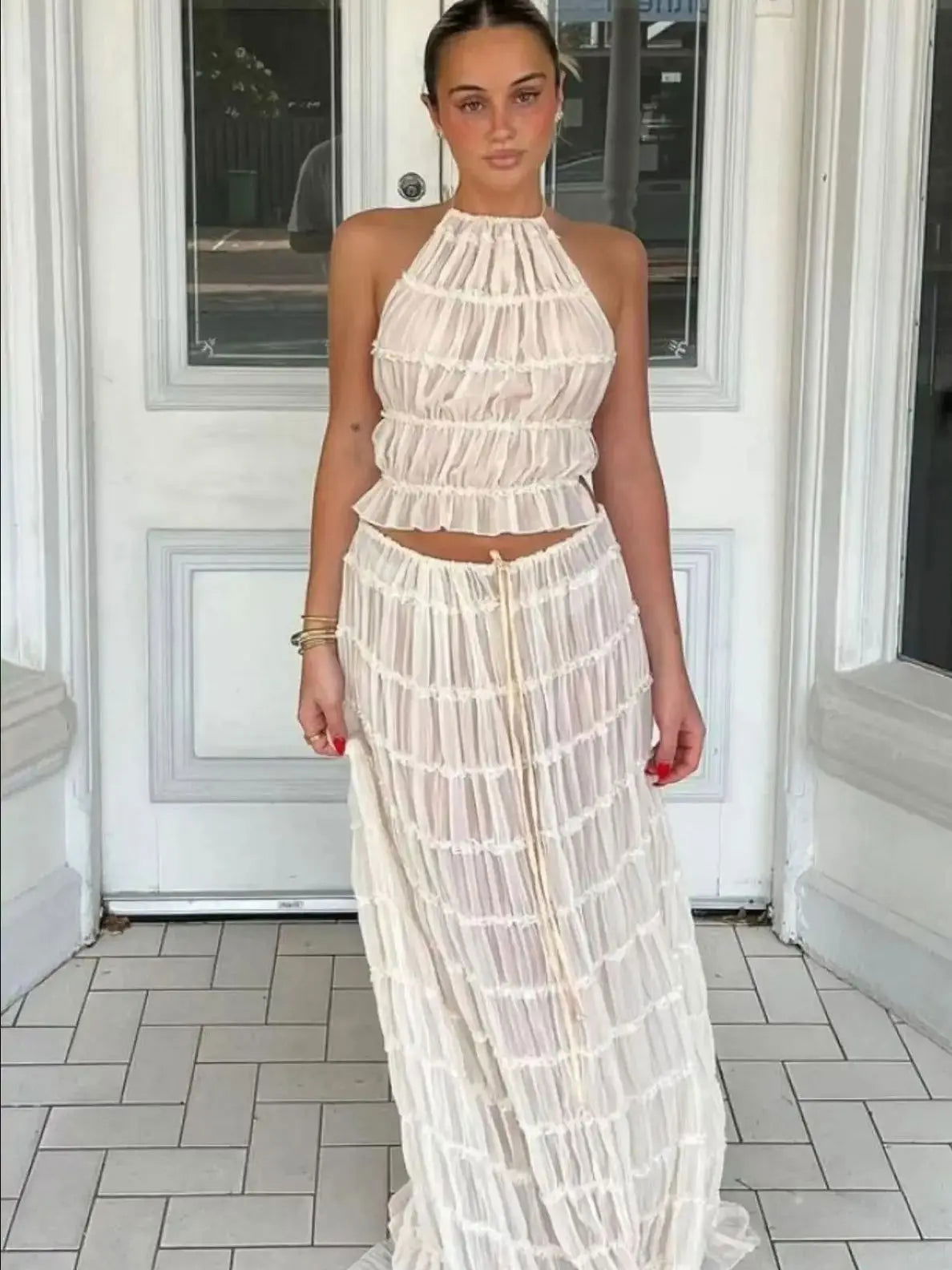 Beige Backless Top Maxi Skirt Set