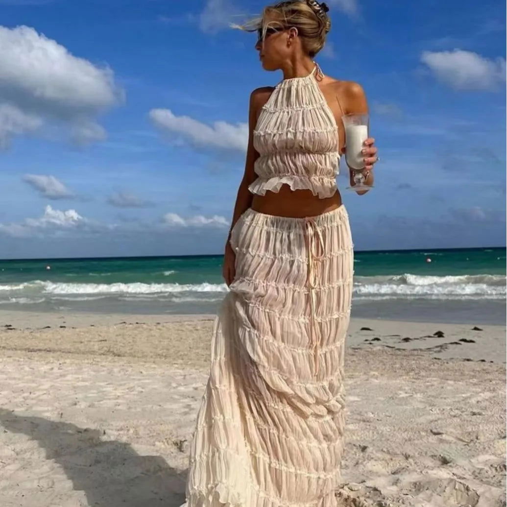 Beige Backless Top Maxi Skirt Set