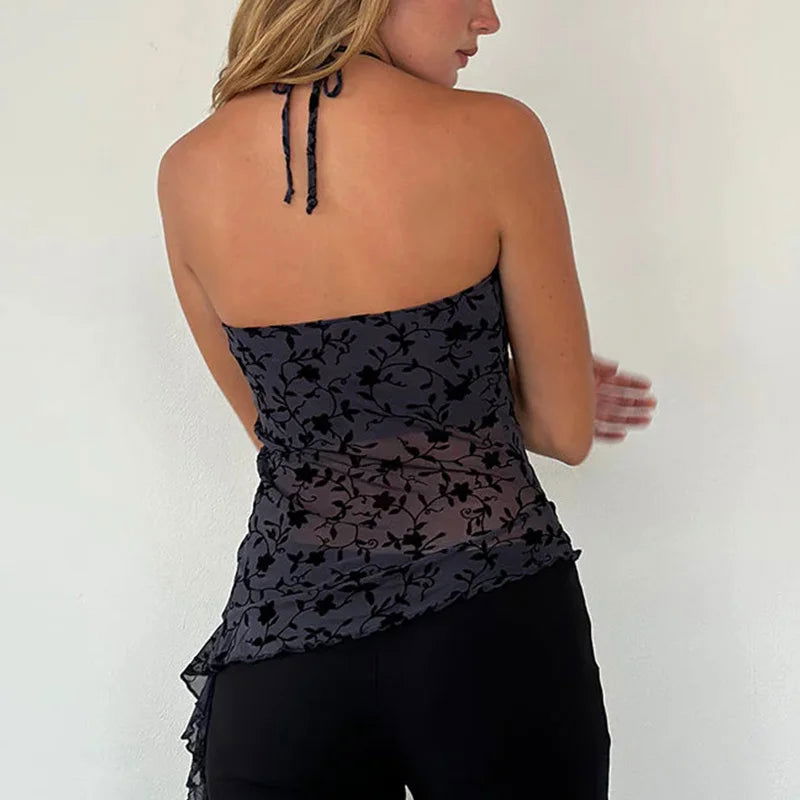 Black Floral Backless Ruffle Top