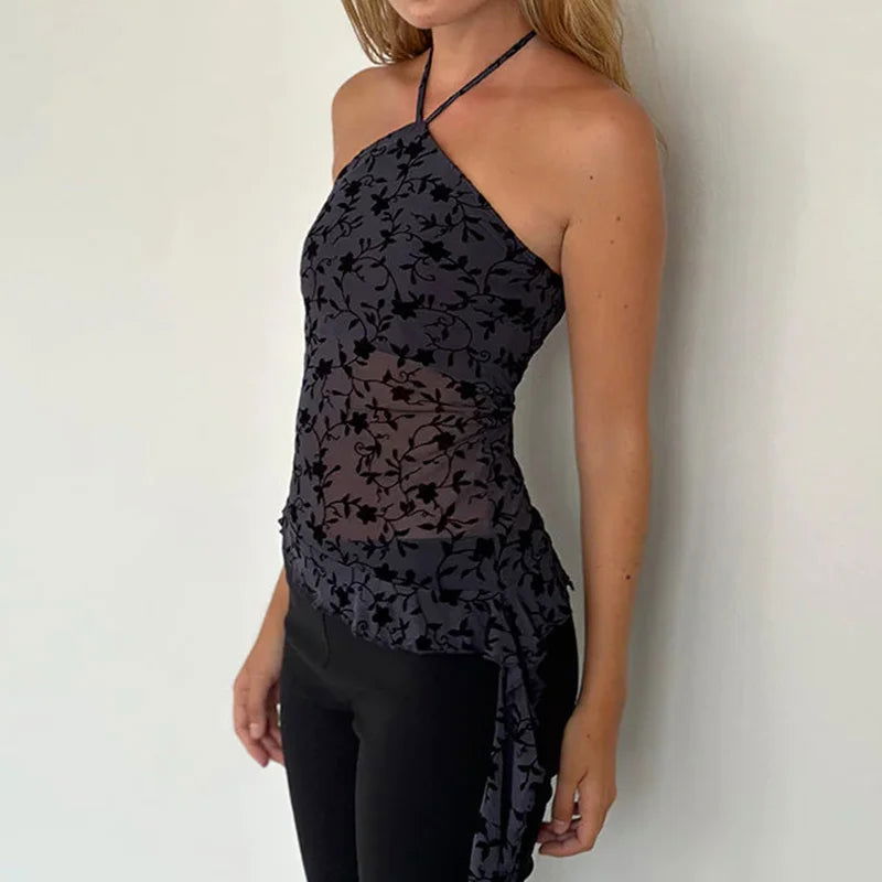 Black Floral Backless Ruffle Top