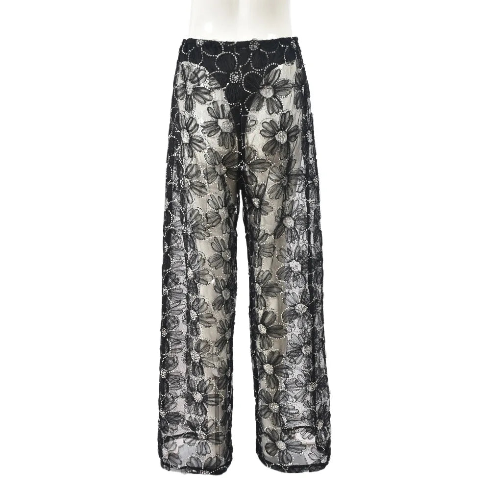 Black Glitter Sequins Sparkling Mesh Pants