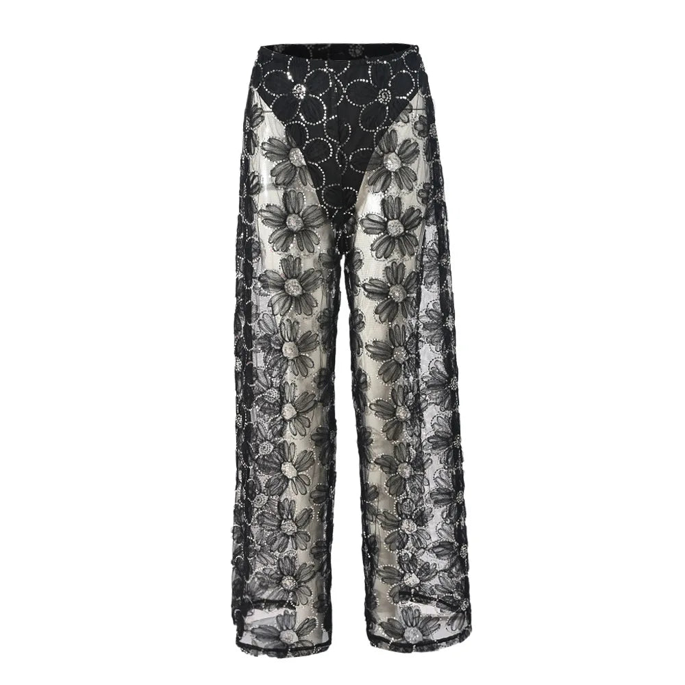 Black Glitter Sequins Sparkling Mesh Pants