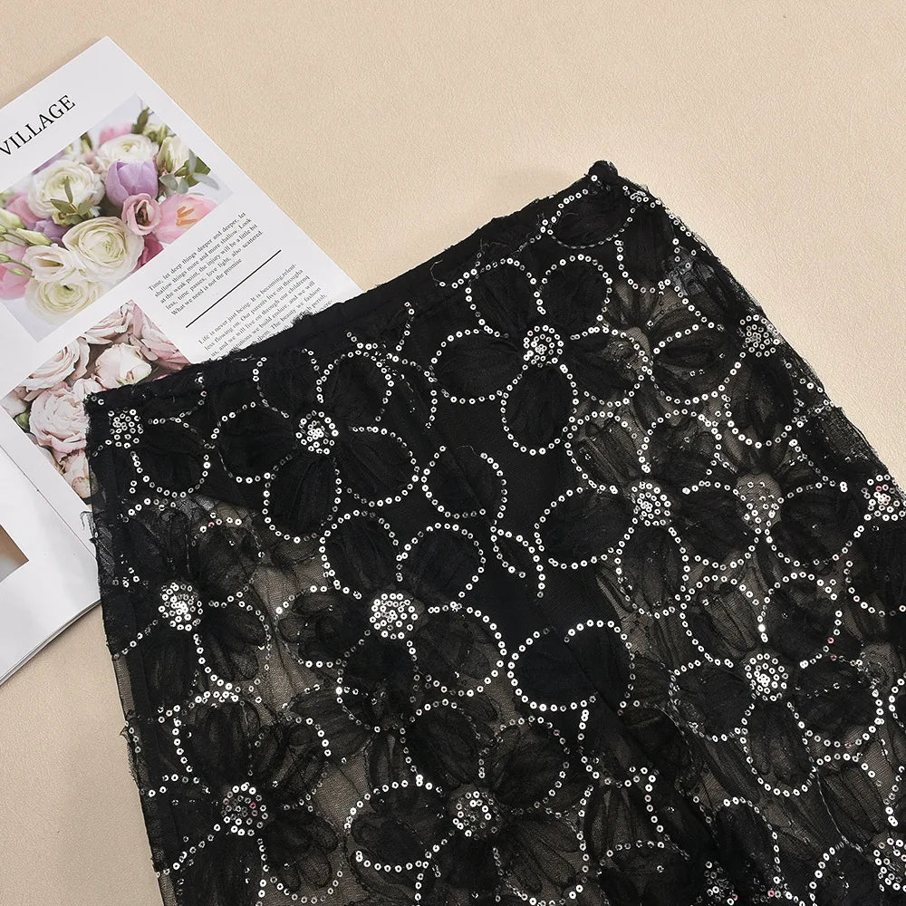 Black Glitter Sequins Sparkling Mesh Pants