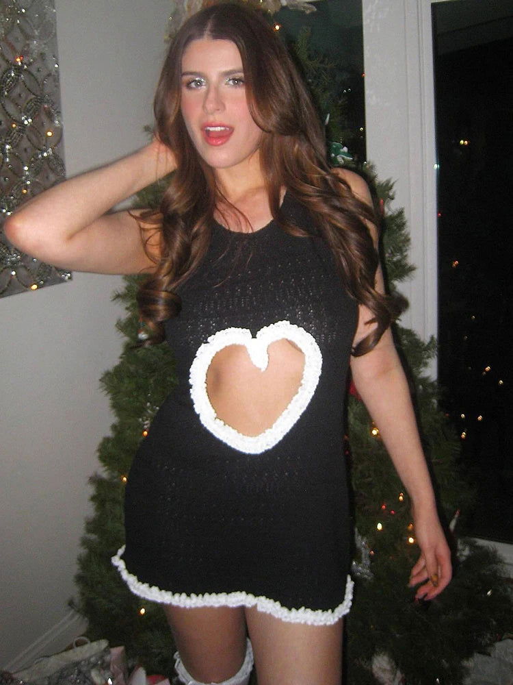 Black Knitted Hollow Out Heart Mini Dress