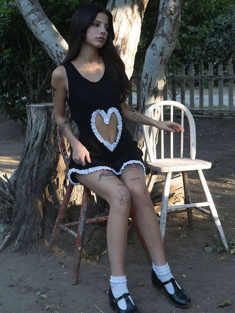 Black Knitted Hollow Out Heart Mini Dress