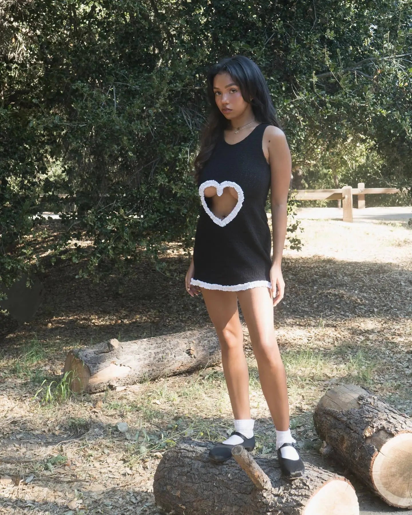 Black Knitted Hollow Out Heart Mini Dress