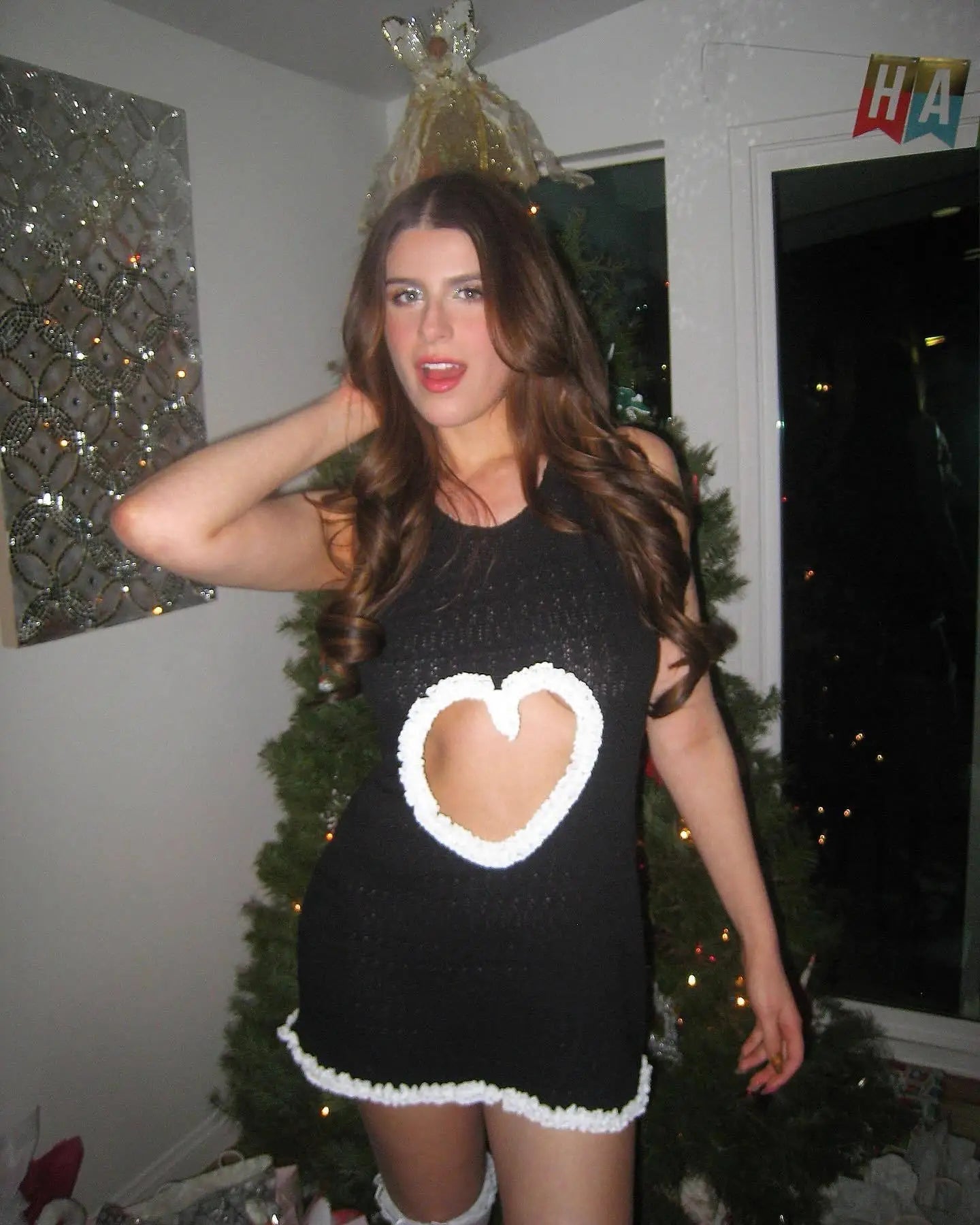 Black Knitted Hollow Out Heart Mini Dress