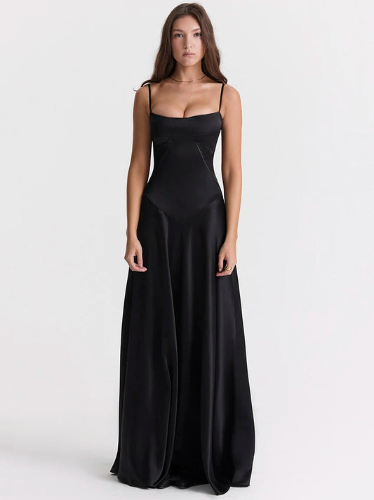 Black Lace-up Satin Maxi Dress