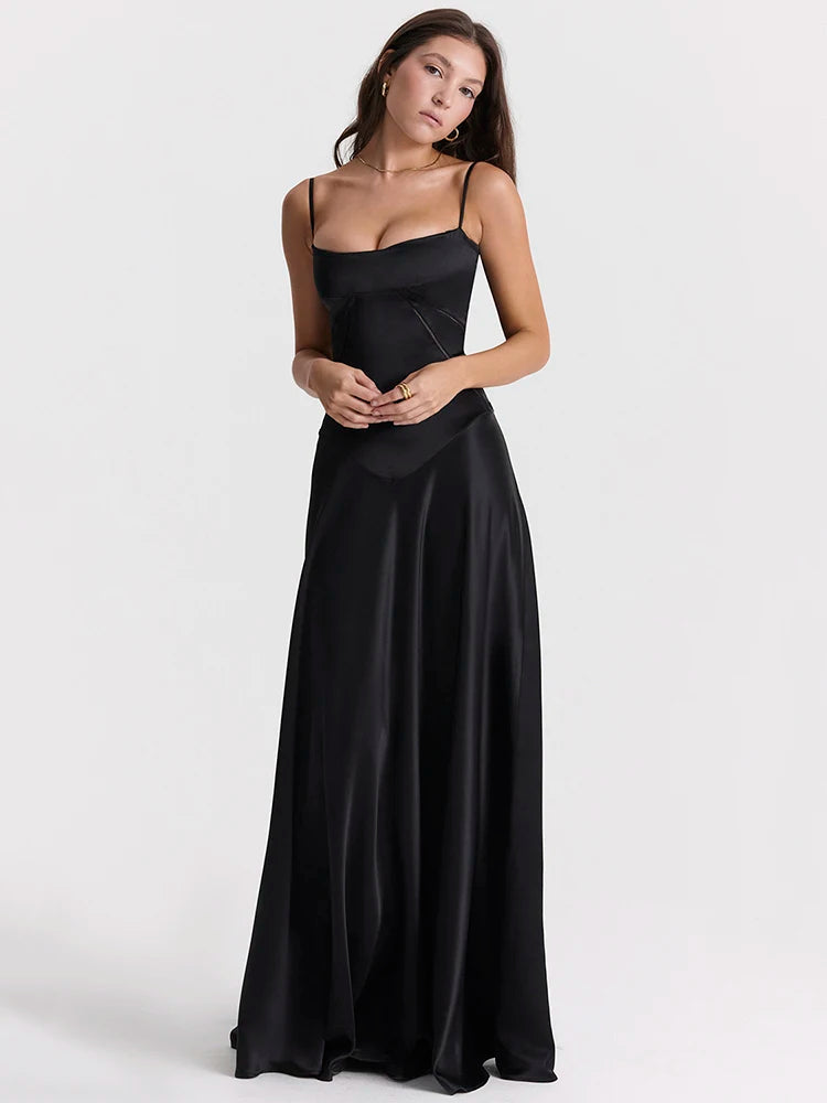 Black Lace-up Satin Maxi Dress