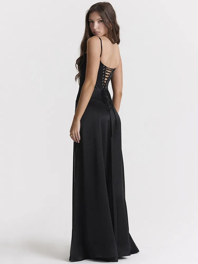 Black Lace-up Satin Maxi Dress