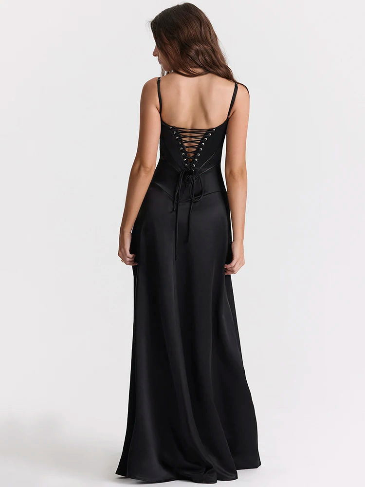 Black Lace-up Satin Maxi Dress