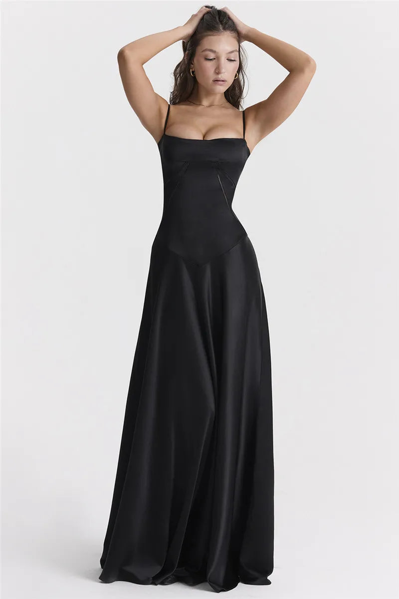 Black Lace-up Satin Maxi Dress