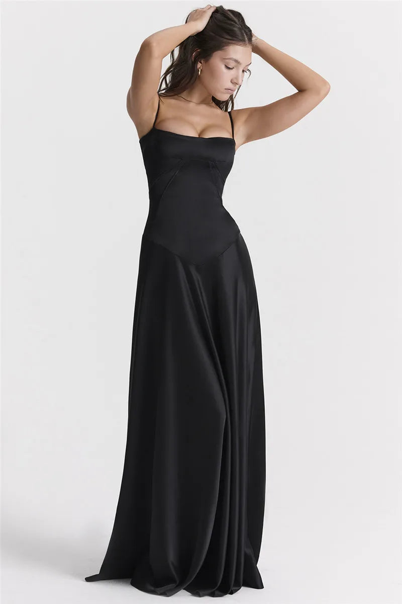 Black Lace-up Satin Maxi Dress