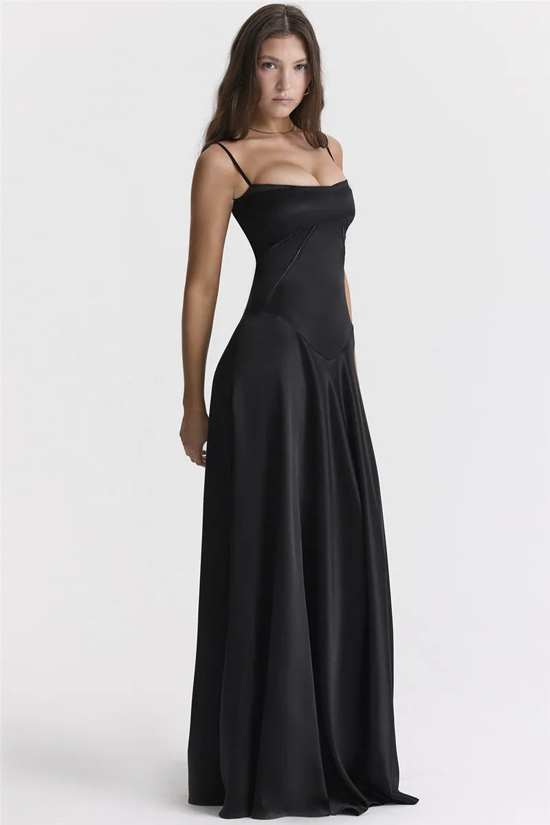 Black Lace-up Satin Maxi Dress