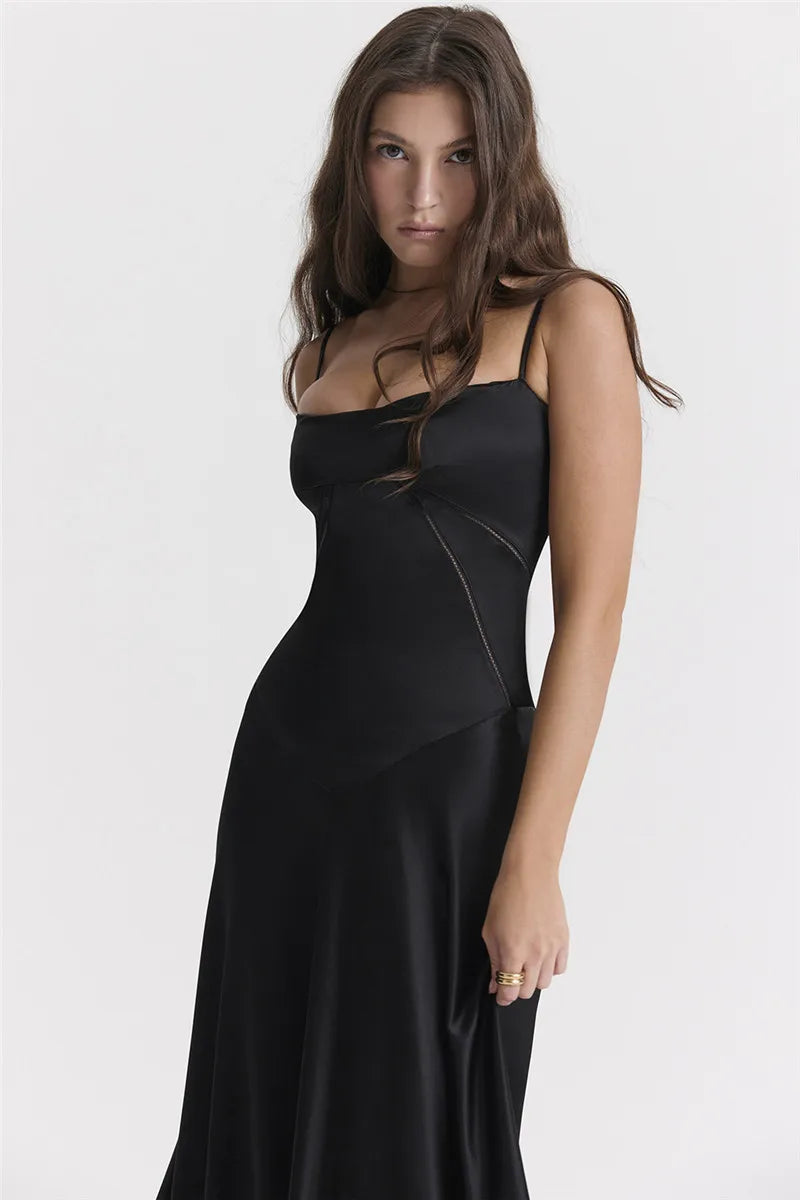 Black Lace-up Satin Maxi Dress