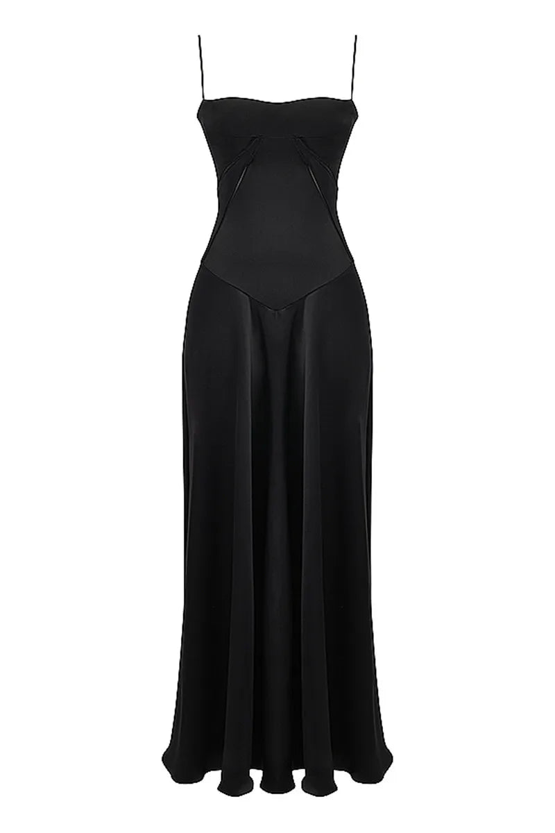 Black Lace-up Satin Maxi Dress