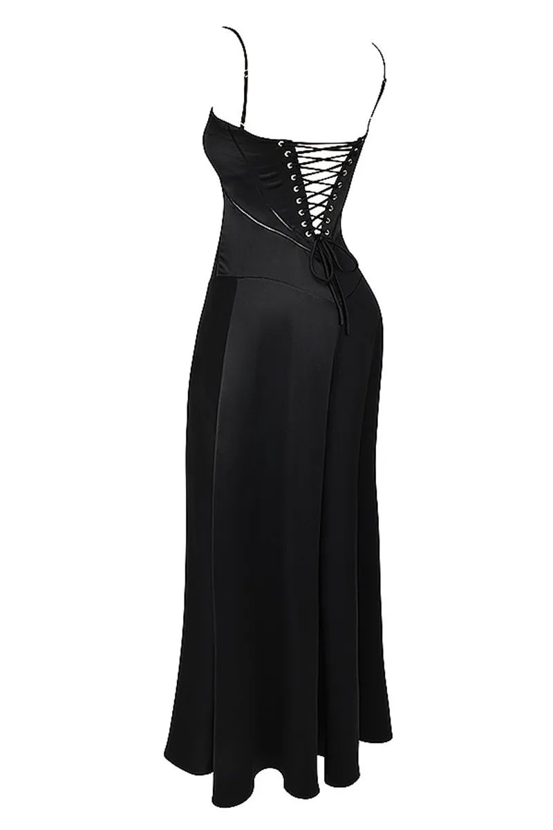 Black Lace-up Satin Maxi Dress