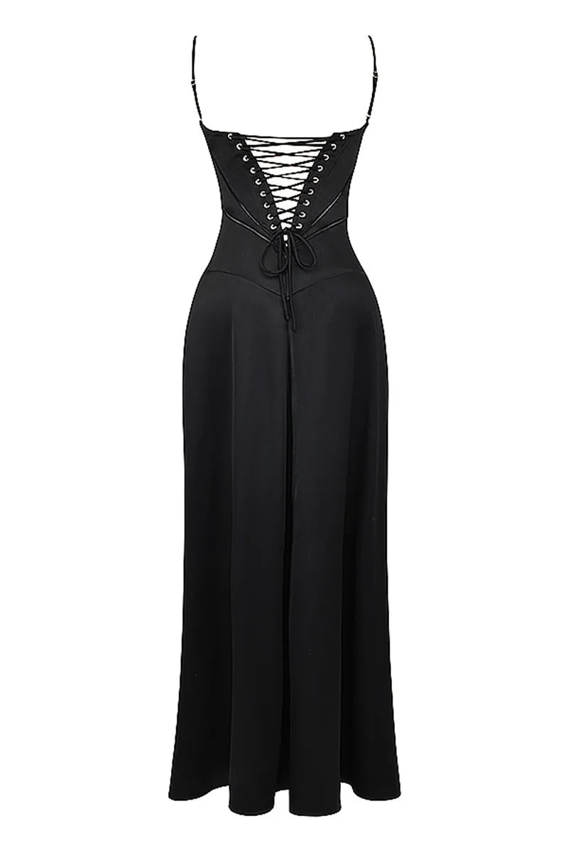 Black Lace-up Satin Maxi Dress