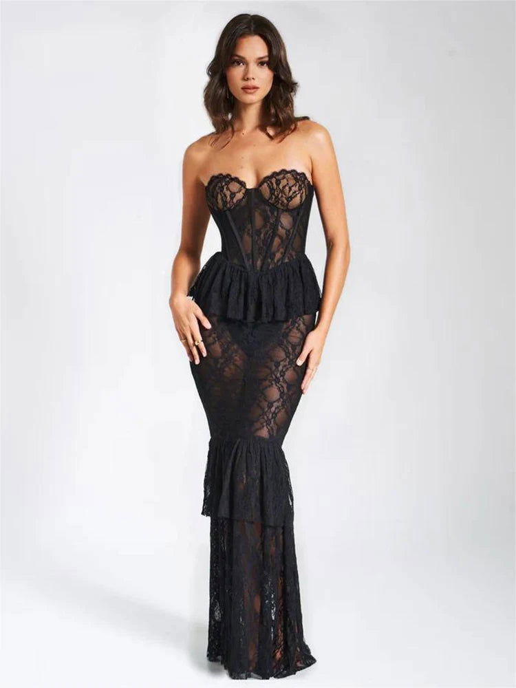 Black Lace Ruffle Maxi Dress