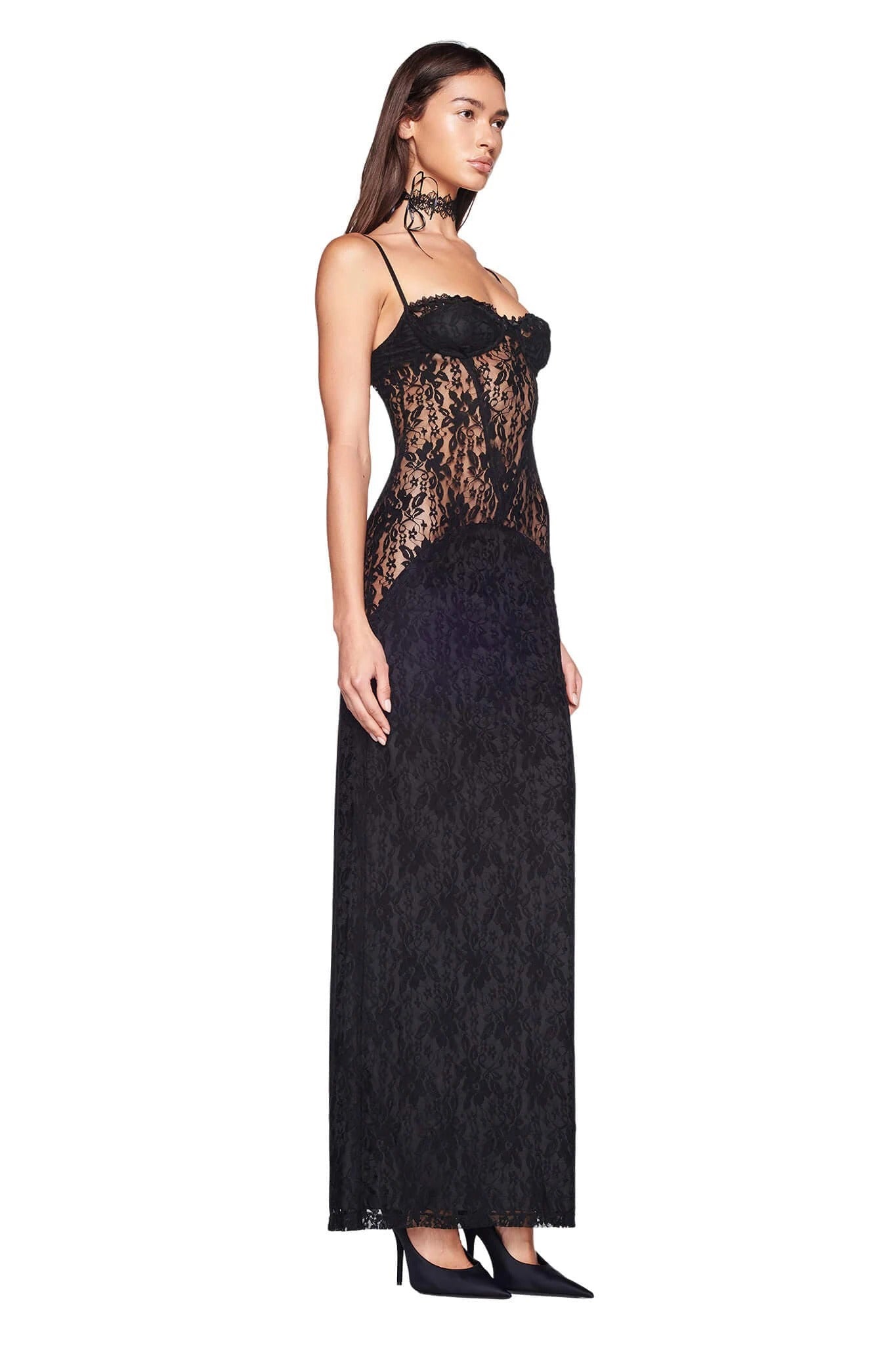 Black Lace See Through Midi Dress