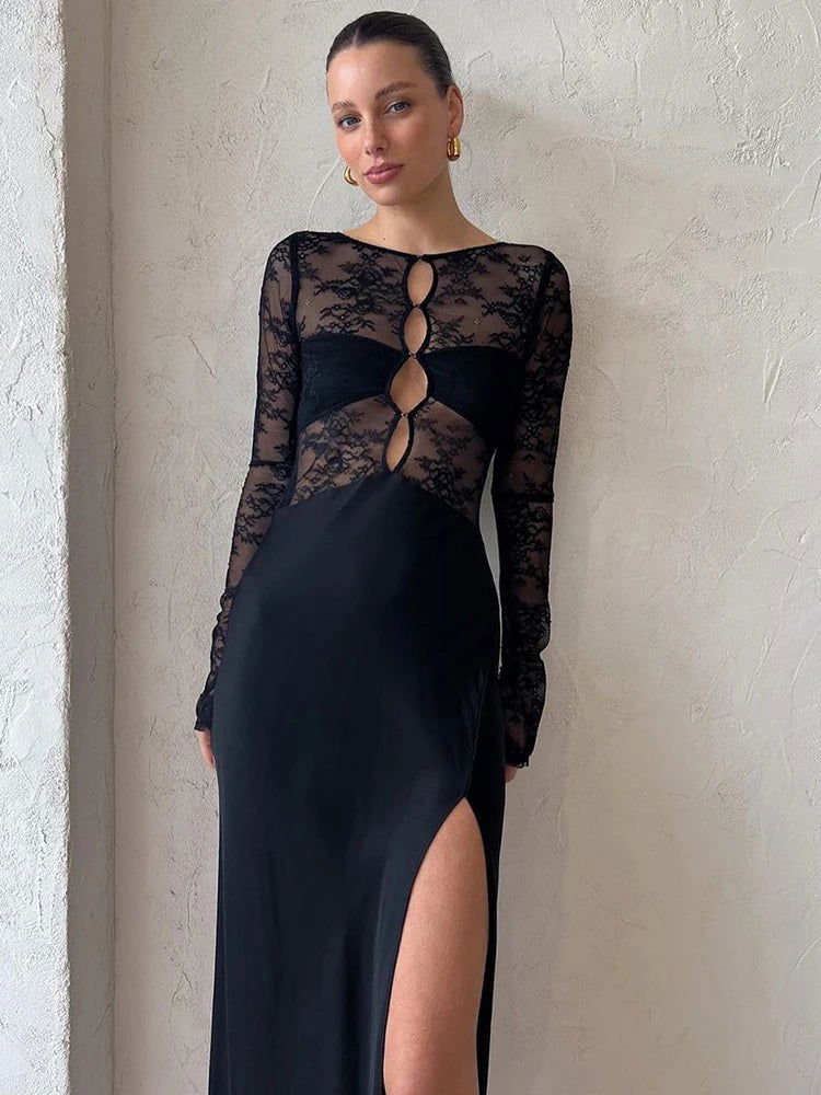 Black See Through Lace Slit Maxi Dress