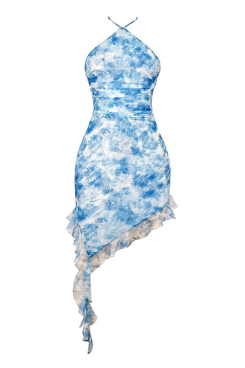 Blue Floral Ruffle Backless Mini Dress