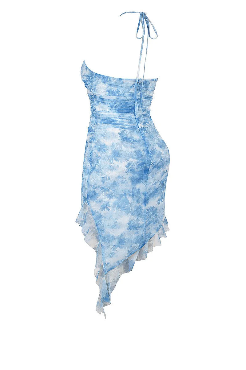 Blue Floral Ruffle Backless Mini Dress