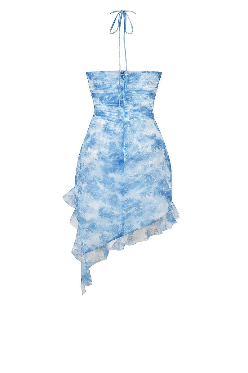 Blue Floral Ruffle Backless Mini Dress