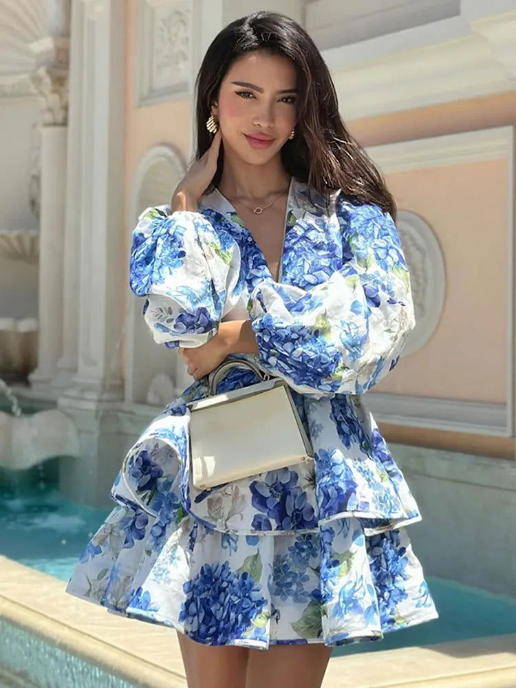 Blue Floral Ruffle Mini Dress