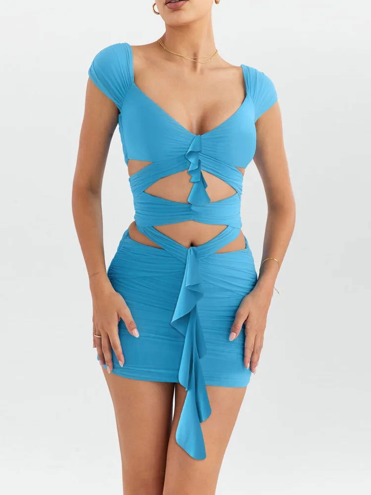 Blue Hollow Out Backless Mini Dress