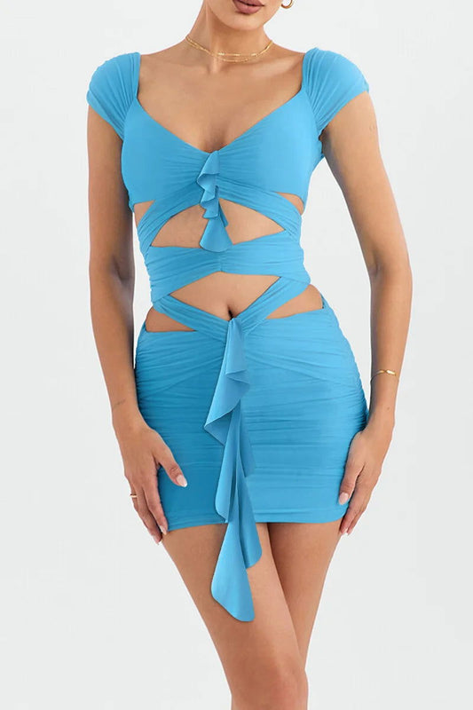 Blue Hollow Out Backless Mini Dress