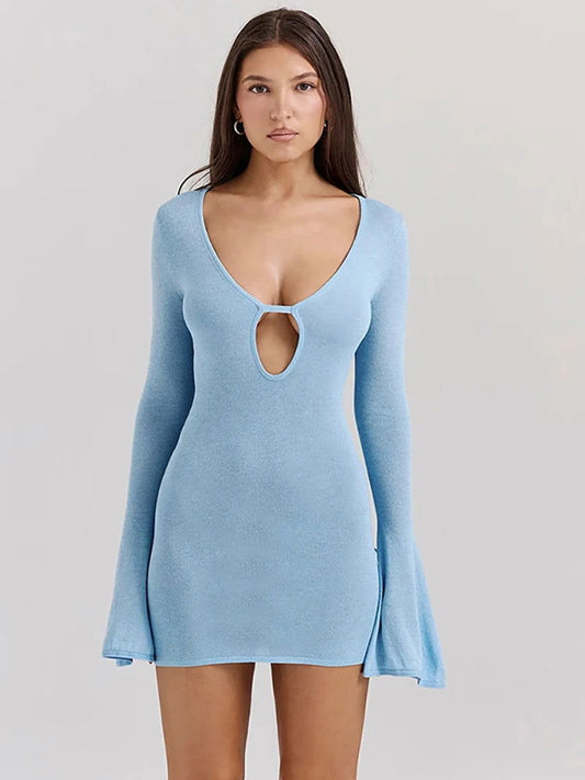 Blue Hollow Out Shiny Mini Dress