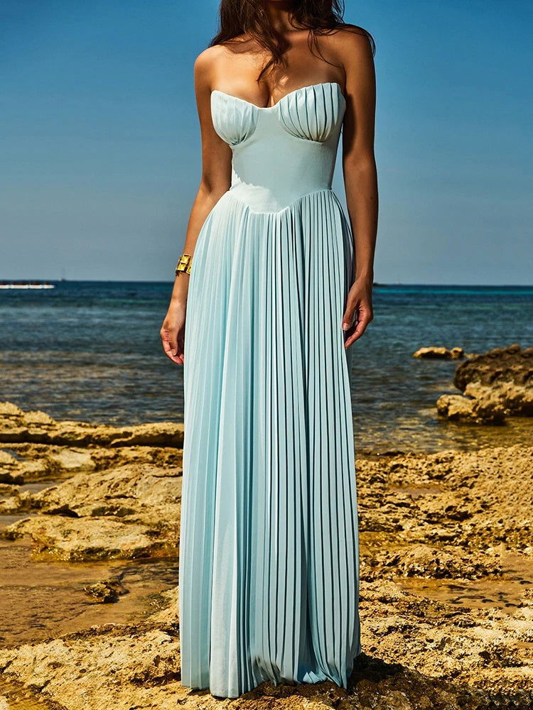 Blue Off Shoulder Backless Maxi Dress